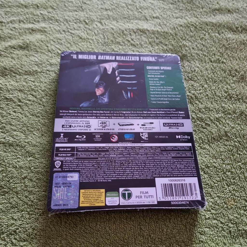 Verkaufe ein 4K UHD Blu-ray Steelbook aus IT Import mit Deutschen Ton noch NEU/OVP von "Batman Forever" --- siehe Bilder !!!

Versand möglich oder Abholung keine Nachnahme !!!

Kein PayPal oder Tausch nur Überweisung oder Zahlung bei Abholung keine Nachnahme !!!

Privatverkauf !!!!!