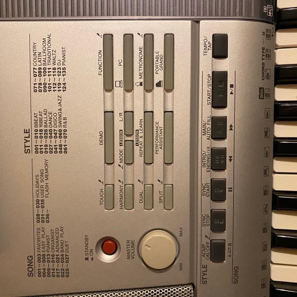 Great condition, all working
Includes power plug and sheet music holder
Some superficial scuffs

Description:

Yamaha PSR295 61-Key Touch-Sensitive Keyboard Musical Instrument - The Yamaha PSR295 represents a breakthrough in interactive playing, learning, and offers new horizons for the musician. In addition to MIDI connectivity, this is the first time that Yamaha has been able to offer USB on a portable keyboard at such a breakthrough price. Its 'one cable' setup makes it easy to connect the PSR295 and your computer. You can have the ability of creating, editing, and scoring compositions using software on your PC system. The opportunities are virtually endless. Other features include a 6-track sequencer for recording songs and performances, plus 487 selectable instrument voices.