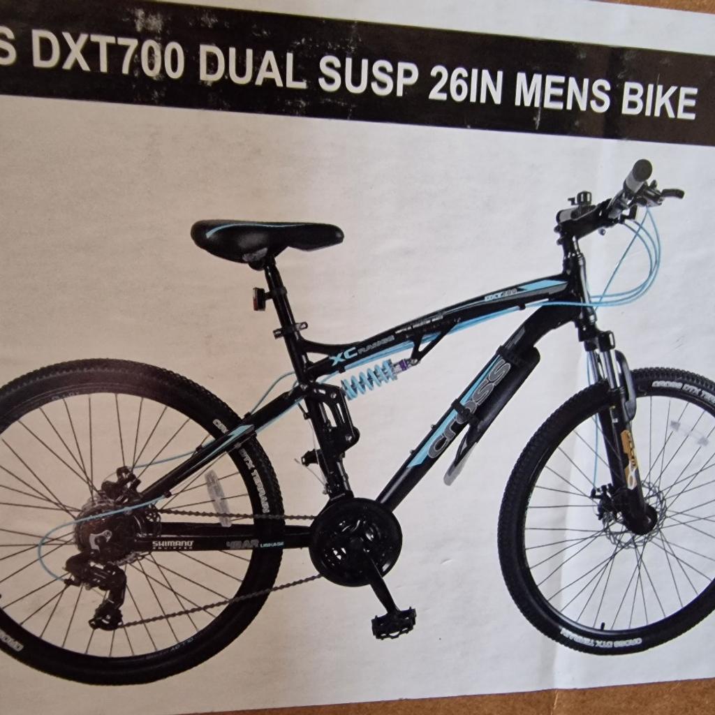 Brand New Boxed
Rrp in Argos £275

Key features

Men's mountain bikes.
Alloy frame.
21 EZ Fire gear(s).
Shimano EZ-Fire shifters.
Shimano RD-TY300 rear derailleur.
Front disc and rear disc brakes.
Dual suspension.
Mountain bike style RFL tyres.
Alloy rims.
15mm wheel nut size.
Zoom forks.
Adjustable seat.
Minimal assembly.