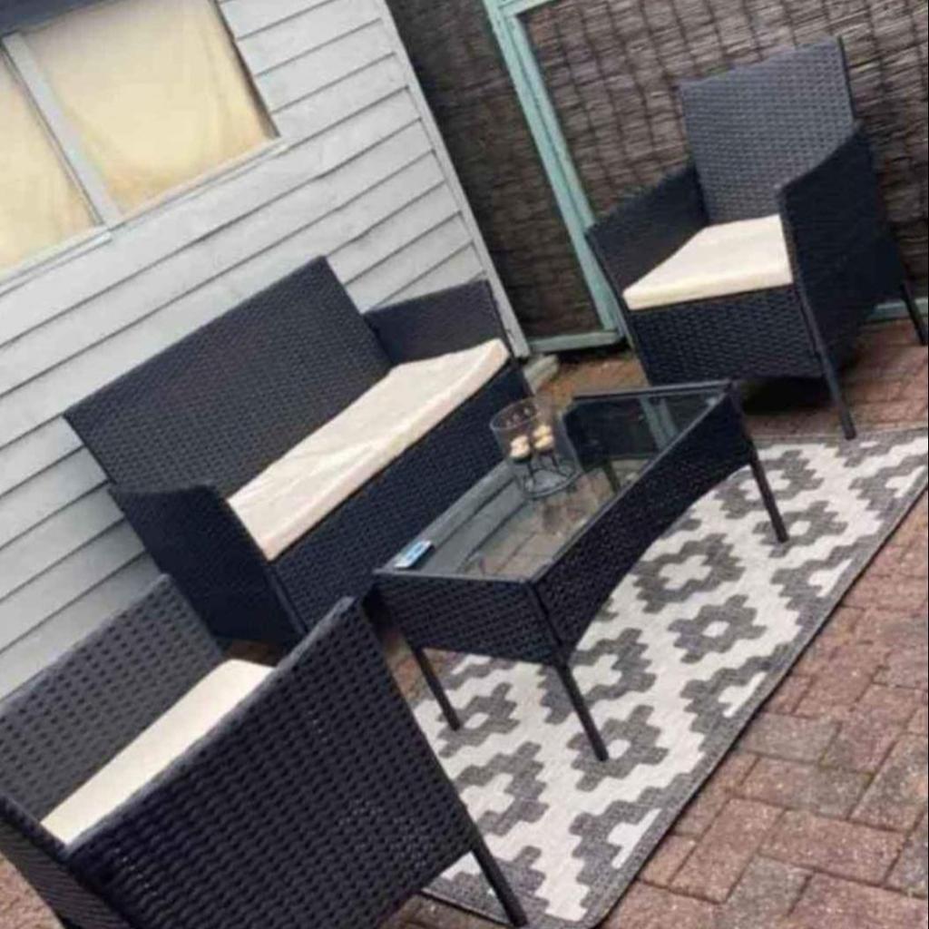 4 Piece Rattan garden furniture Set priced to clear immediately at a crazy price

2 Armchairs, Two seater Sofa and Coffee table All included

Premium Quality, Pe all weather Rattan, uv treated and fade resistant
Cushions are included 
Cushion covers are removable for washing
Weatherproof/showerproof Leave outside all year around
Showerproof cushions 
No maintenance required
Tempered safety glass
Assembly is required

Approximate Dimensions:
Double Seat: L 106cm x W 59cm x H 84cm 
Chair: L 59cm x
