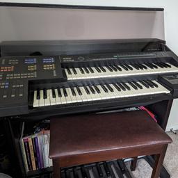 Yamaha Electone HS-4 Organ. Over 100 sounds, rhythms, and more. Pedals 20, double keyboards (49 keys each), fully programmable. Breaks down for transport or move as one piece.

Couple of issues, the top C on the lower keyboard is broken and sometimes stays depressed. It also has an intermittent fault with the volume on the foot pedal.

Books not included