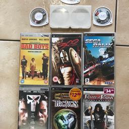 PSP games and movies 7 games 2 Umd movies
Games
300
Sega rally
Prince of Persia revelations
Dungeons and dragons tactics
Toca race driver 2
Tom Clancy’s ghost recon advance warfighter 2
Metal gear acid
and one UMD case that holds 4 games
UMD movies
New and sealed bad boys
The punisher
