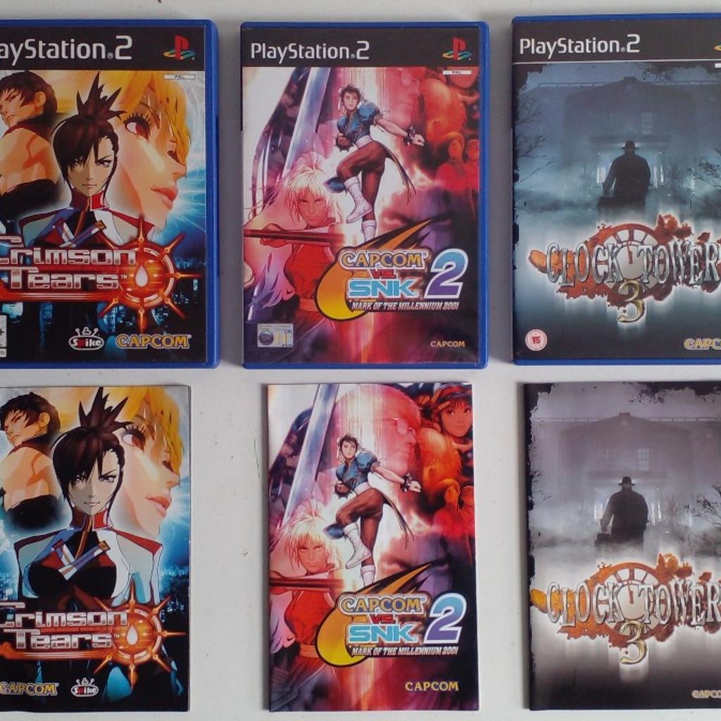 Ten (10) classic (some rare) Capcom games for the PlayStation 2 games console ...

Capcom Vs SNK 2
Capcom Fighting Jam
Crimson Tears
Clock Tower 3
Killer 7
Megaman X7
Onimusha Dawn Of Dreams
Òkami
Resident Evil Outbreak
Veiwtiful Joe

These are used items

Collection/Local delivery from Leyton E10 or post available