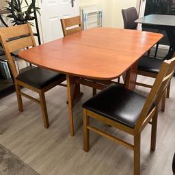 Description: Teak foldable dining table with 4 chairs (dark brown leather cushion)


Table Dimensions:

Length - 140cm
Width - 88cm
Height - 74cm
Folded width - 30cm

Chair Dimensions:

Height - 47cm
Height with back - 89 cm
Width - 44cm x 44cm

Item for collection only. 
Location: Chafford Hundred, Essex.