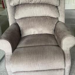 Beautiful comfortable grey velvet- feel armchair. Move forces sale. Has fire retardant label. Measures: Depth (back to front) 30 inches, Width 29 inches, Height 38 inches