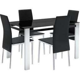Fitz Black Glass Dining table and 4 Chairs

💥ExDisplay. Assembled💥

Fitz Dining Set is perfect for creating a modern, open look in your home. Featuring a black glass table top and chrome legs, it has a streamlined style that appears to take up less space than most wooden tables.
The black leather-effect chairs complement it beautifully, with sleek legs and a slender curved back design
Part of the Fitz collection
Table size H75, W80, L120cm. Self-assembly
Includes 4 chairs
Size of each chair H90, W43, D53cm

💥Check our other items💥