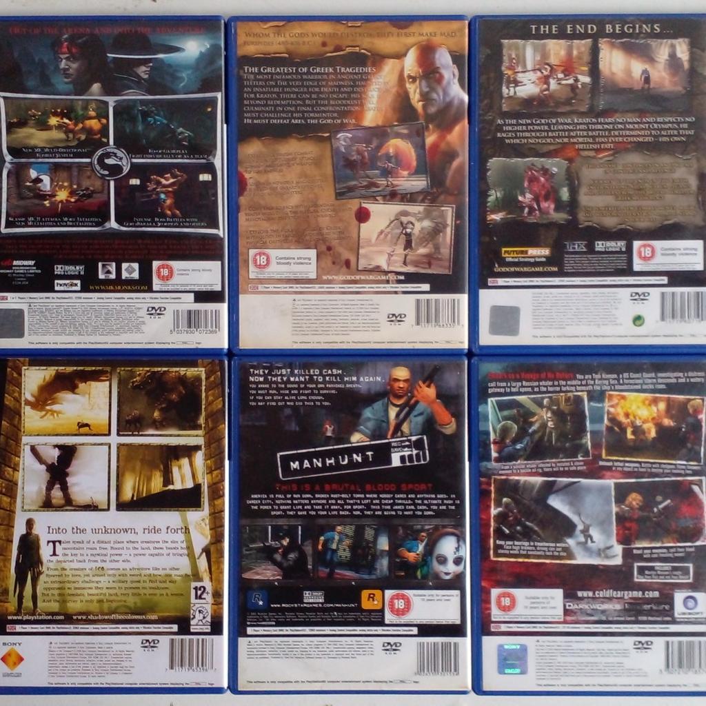 A collection of Ten (10) games for the PlayStation 2 games console ... including

Cold Fear - no manual
DarkWatch
God Of War
God Of War 2
Shadow Of The Colossus
ICO
Predator Concrete Jungle
Mortal Kombat Shoilin Monks
Manhunt
Predator Concrete Jungle

These are used items - all games have manules unless stated

Cash on collection/Local Delivery from Leyton E10 or post available