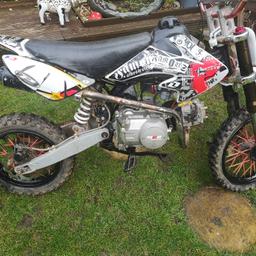 Pit bike 110 clutch and gears
This bike needs nothing

Its just had new engine costing
£270.
Been used for about 6 hours

Both breaks work

Starts 1st kick

£425

This is collection and cash on collection only

If you have motorbike you want to swap or ptx
Let me know what you have
Consider anything Running or not any size

No mini motos
No time wasters
No cash no ride