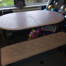 lovely table in pink and grey with nice legs.
I have a bench but needs repairing as it's wobbly .
TABLE £40
WITH BENCH £55

LEGS CAN BE REMOVED FROM TABLE FOR EASIER TRANSPORTATION .