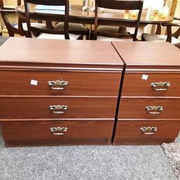 SALE - Was £30 NOW £24... This vintage mahogany style chest of drawers is in good all-round use condition... It measures 28.5 inches long x 18 inches deep x 25 inches high.

SALE - Was £25 NOW £20... Smaller bedside - This matching bedside cabinet has a few light marks on the top... 17.5 inches wide x 18.5 inches deep x 25 inches high.

Our second hand furniture mill shop is LOW COST MOVES, at St Paul's trading estate, Copley Mill, off Huddersfield Road, Stalybridge SK15 3DN...Delivery available for an extra charge.

There are some large metal gates next to St Paul's church... Go through them, bear immediate left and we are at the bottom of the slope, up from the red steps... 

If you are interested in this or any other item, please contact me on 07734 330574, or on the shop 0161 879 9365...Many thanks, Helen.

We are normally OPEN Monday to Friday from 10 am - 5 pm and Saturday 10 am -  3.30 pm.. CLOSED Sundays. CLOSED Bank Holiday long weekends...