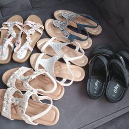 5 pairs of Lilley sandals, really comfy and all in good condition the black ones are brand new never been worn.
all range between size 7 and 8 I'm a 7 but sometimes needed a 8.
