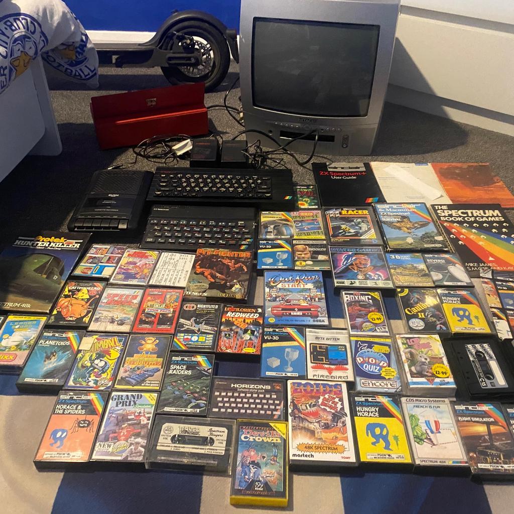 48k rubber keyboard spectrum (working)
spectrum plus (needs attention)
2x original power supply's(working)
1x usb data recorder(working)
1x crt tv with dvd player
43x games and software
original books
leads