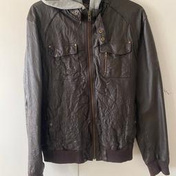Selling men’s brown leather jacket with grey hoodie stitched on the inside perfect condition size XL
