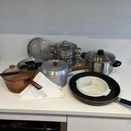 Various pans, steamer, frying pan, poaching pan, nibbles tray and six cotton serviettes not suitable for an induction hob, all good condition. £25 or nearest offer