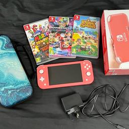 Nintendo Switch Lite with original packaging, charger, 3 games and a carrying case.

Bought a little while back used only a few times so in very good condition with few scuffs. Comes with Mariokart Deluxe 8, Super Mario 3D world + Bowsers Fury and Animal Crossing. Carrying case has space for ten games as well.

Can be delivered depending on your location
Any questions feel free to ask
Or nearest offer