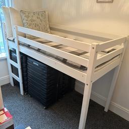 Brand: Isabelle & Max
Colour: White
Measurements: 77W x 167L x 120H (cm)
Guardrail height: 23cm
Built-in ladder, sturdy beautifully designed children’s mid sleeper bed, perfect for small bedrooms with ample under bed storage or space for learning corner/desk.
Selling to a lovely home as need to repurpose bedroom into office.

Sale will include: bed frame, IKEA 70x160 mattress, IKEA waterproof protector, IKEA fitted sheet.
Pillows/duvet NOT for sale.

RRP: £369.99 (bed frame only) so BARGAIN!!!

Collection only.