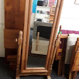 This lovely solid pine floor standing mirror which tilts is in very good condition...

28 inches wide x 15 inches deep x 61.5 inches high.

Our second hand furniture mill shop is LOW COST MOVES, at St Paul's trading estate, Copley Mill, off Huddersfield Road, Stalybridge SK15 3DN... Delivery available for an extra charge.

There are some large metal gates next to St Paul's church... Go through them, bear immediate left and we are at the bottom of the slope, up from the red steps... 

If you are interested in this or any other item, please contact me on 07734 330574, or on the shop 0161 879 9365...Many thanks, Helen. 

We are OPEN Monday to Friday from 10 am - 5 pm and Saturday 10 am - 3.30 pm... CLOSED Sundays.  CLOSED Bank Holiday long weekends...