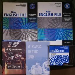 A set of Pre-intermediate media for Teaching English as a foreign language media (TEFL/ESL)
All books and CDs are very good, no marks, notes or tears.
Private sale from a former TEFL teacher.
Reduced price if Elem or intermediate TEFL books also bought.
Includes:
New English File pre-intermediate 2 Students' books MultiPack A (9780194518260 2011 and MultiPack B (9780194518284 2014)
These 2 books incorporate the associated workbooks, answer keys, and MultiROMs
Class Audio CDs (9780194384384, 2005), 3 cds. The original triple jewel case was damaged so has been replaced by 3 single cases.
2 easy reader stories to help reading and spelling skills for middle level readers.
A Question of Trust (9781870596985)
A Place in the Sun (9781870596756)
