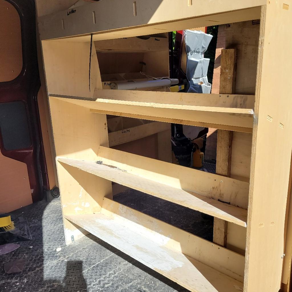 Wooden Racking made for Transit Custom. Three separate racks, two fit at the rear doors and one by the side sliding door. Helps to keep the little things in the van in a safe place. Made from wood. These cost £150 brand new