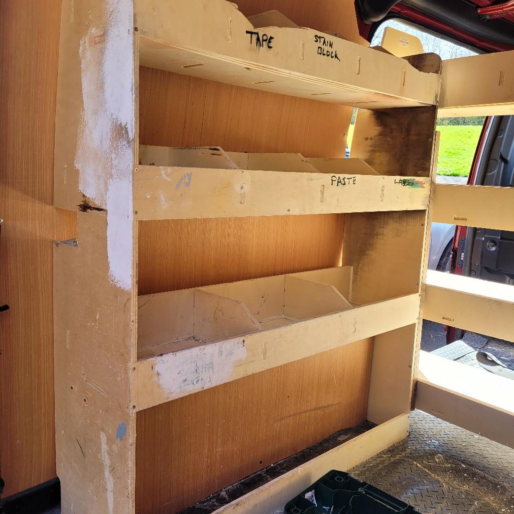 Wooden Racking made for Transit Custom. Three separate racks, two fit at the rear doors and one by the side sliding door. Helps to keep the little things in the van in a safe place. Made from wood. These cost £150 brand new
