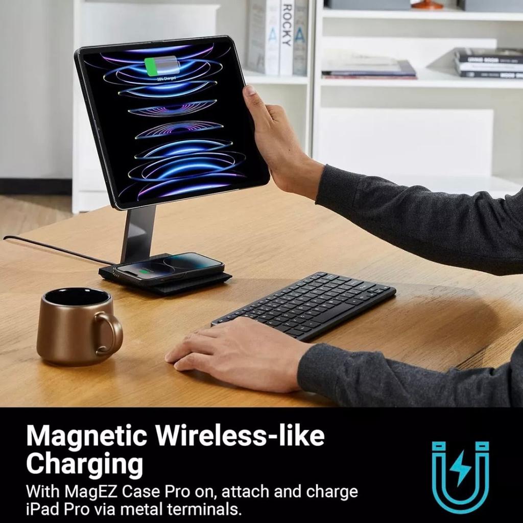 [MagEZ Charging Stand] Fits MagEZ Case Pro for iPad Pro and iPad mini 6, Adjustable Wireless Charging Base for Smartphone:

Wireless-like Charing iPad Stand Fits MagEZ Case Pro for iPad Pro and for iPad mini 6. Metal terminals will power the X charging area on the case back. No more fiddling with the cable. Just snap, charge and enjoy.

Only one hand needed to rotate left and right 360°, back(32.5°) and down (-5°) for a superior full-screen view experience, and to ease back and neck strain.

The stand base will wirelessly charge any Qi-enabled smartphone (iPhone 14/13/12, Samsung S23/S22 etc.) or earbuds (AirPods Pro, Samsung Galaxy Watch etc).

PITAKA iPad mini 6 Case [MagEZ Case Pro Charger] Magnetic Wireless Charging with 3D Grip Touch:

Specifically designed for iPad Mini 6

Fast wireless-like charging, embedded with airbags, and shockproof bumper around all corners strengthen the anti-drop, and microfibre cushions protect the fragile iPad mini 6 back. Raised design protects the