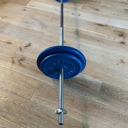 Straight barbell which is in excellent condition, weights plates are used, metal, standard 25mm diameter. Chrome metal spinlock collars .

Plates consist of;

2x 10 kilo, 
2 x 7.5 kilo, 

They are cast iron brand “ BODY-SCULPTURE ” metal weights, used. Blue colour, metal (iron).

They are standard 25mm diameter holes and diameter barbell.

I have other weight training equipment for sale such as straight bars, EZCURL bars, dumbbells, tricep barbells and other plates, various sizes, some items listed.