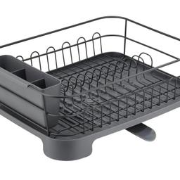 mDesign Dish Drainer with Drip Tray - Metal Dish Rack with Plastic Draining Tray - Cutlery Holder, Dish Drying Rack and Plate Rack for The Kitchen - Matte Black Slates