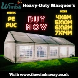 Delivery or collect any day!  

NEW 

Prices:  

PE range 

4x8m – £549 inc VAT 

5x10m – £685 inc VAT 

6x12m – £950 inc VAT 

7x14m – £1,250 inc VAT 

PVC range 

4x8m – £895 inc VAT 

5x10m – £1,100 inc VAT 

6x12m – £1,595 inc VAT 

A VAT receipt can be provided.  

Each comes with:  
Heavy duty galvanised anti-rust steel frame;  

FREE ground bar included for extra support;; 

Thick 38mm x 1mm steel poles; 

42mm x 1.2mm steel connectors; 

220gsm white PE material or 500gsm fire resistant PVC - UV-resistant and waterproof; 

All sides - 4 side panels with windows and zipper doorway: 

Wind supports and stakes; 

Quickly erected with numbered poles; 

Optional extras available including carry cases and anchoring kits;
Assembly tips: 

Follow the assembly instructions; 

Always use anchoring support such as weights or ratchet straps (can be provided for an additional cost);
