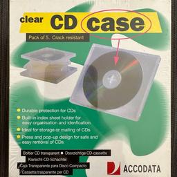 Clear CD case by Accodata

Pack of 5 Crack resistant

Unused - shrink wrapped

Durable protection for CDs, DVDs, Blurays etc

Built-in index sheet holder for easy organisation and identification

Ideal for storage or mailing of CDs

Press & pop-up design for safe and easy removal of CDs

(Four pack of 5 available)