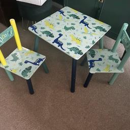 Dinosaur toddler table with 2 chairs.
In good condition, just needs a clean.

 Comes with 2 chairs. One Chair is not properly fixed, so for those that know how to re-do this, this is easily done.
Other chair is secured correctly.