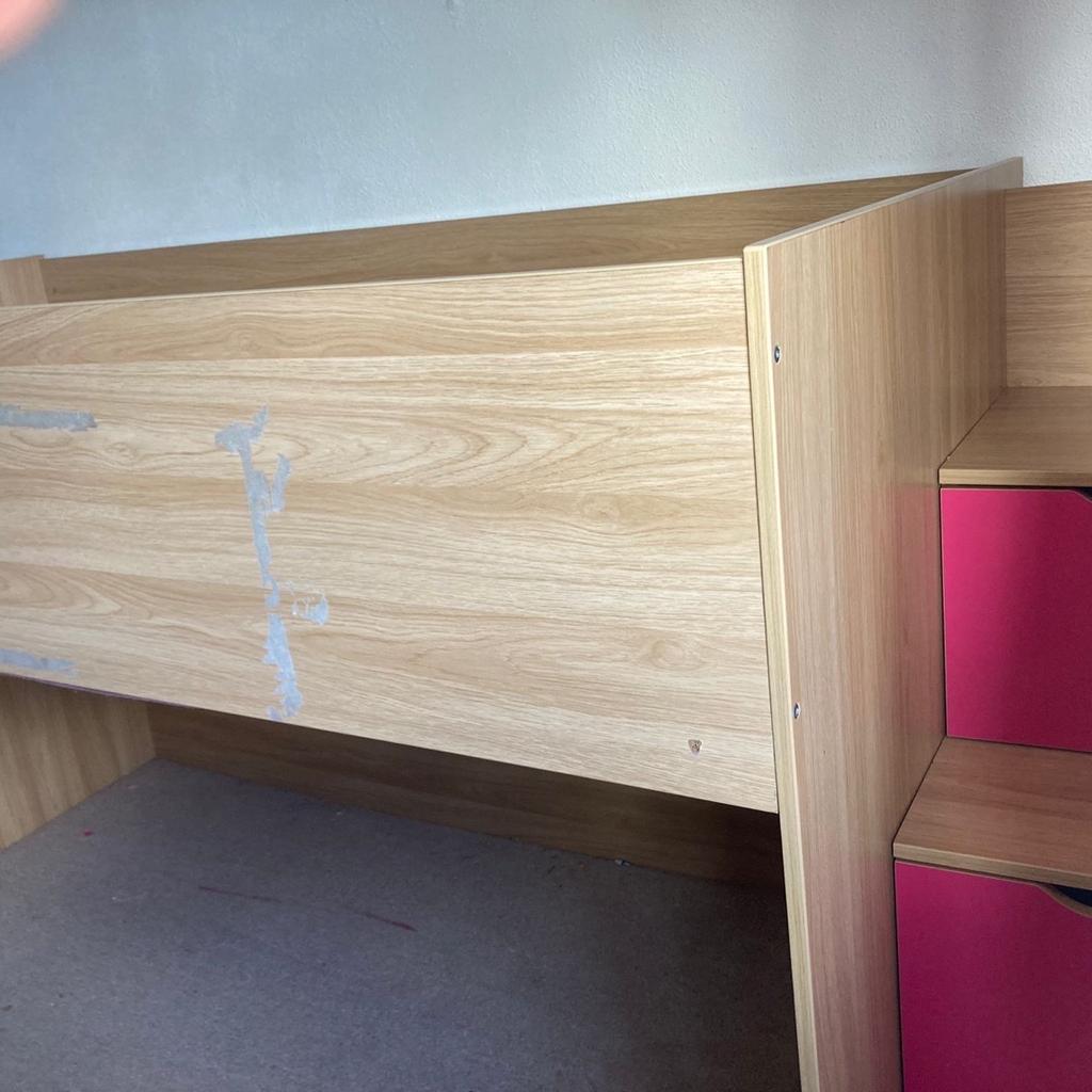 FREE - oak and pink coloured high rise bed with drawer steps. Clean but some signs of wear. Pet and smoke free home. Collection only, the bed has been dismantled (apart from step/ drawer part) ready for collection. Currently £399 at Very.