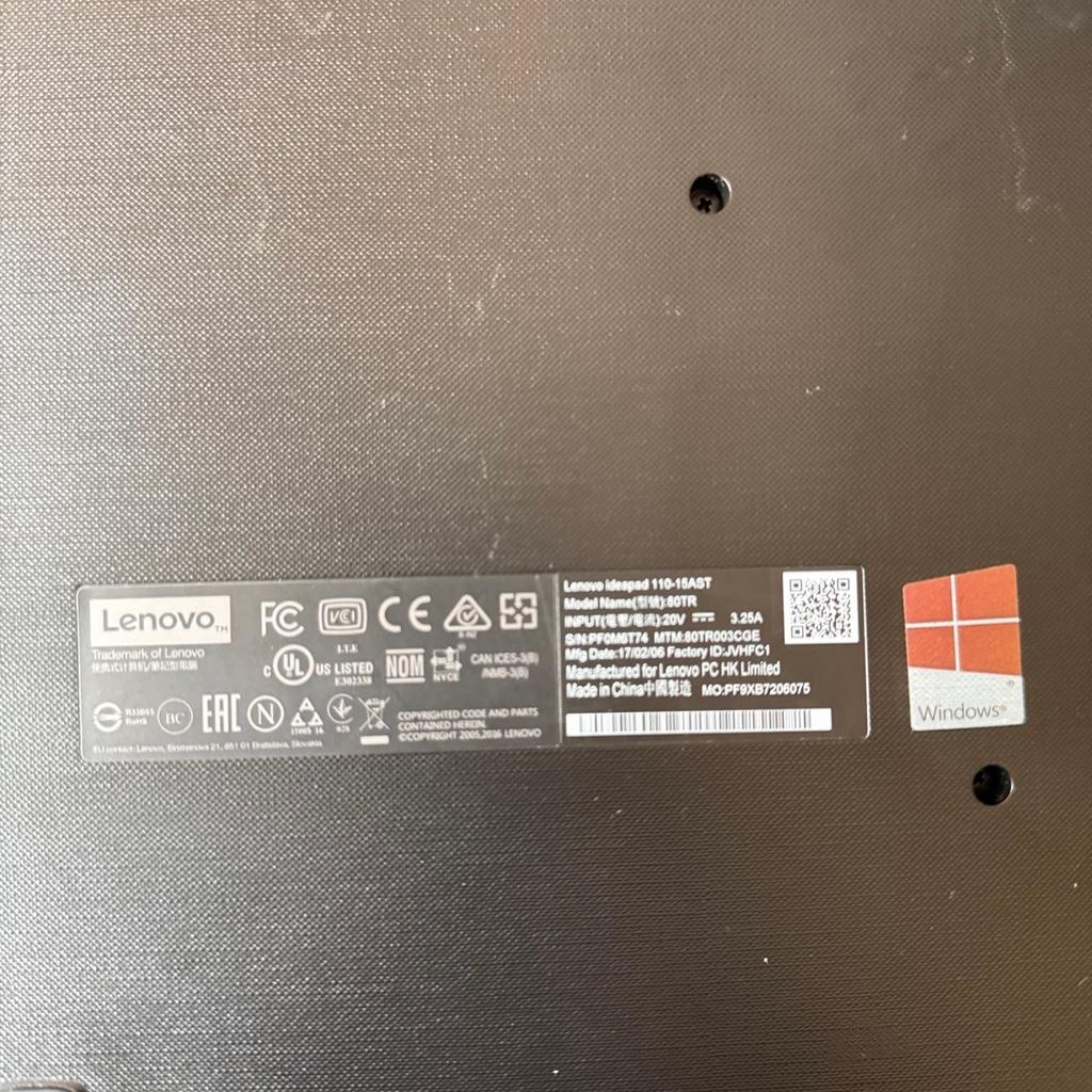 Hochwertiger Marken-Laptop

Lenovo ideapad 110-15AST
Model Name(# 9t):80TR
INPU）：20V =--
3.25А
S/N:PF0M6T74 MTM:80TR003CGE
Mfg Date:17/02/06 Factory ID:JVHFC1
Manufactured for Lenovo PC HK Limited
MO:PF9XB7206075

Hersteller/Typ: Lenovo IdeaPad 110-15AST

Prozessor:AMD A9-9400 2C+3G 2.40GHz
RAM: 8GB DDR3 (1600)
Grafik: Radeon
System: Win10/ 64bit

optisches Laufwerk DVD-RW

Gebraucht und auf Funktion geprüft. Sicherheitsüberprüfung
nach VDE und Unfallverhütungsvorschriften (DGUV).
Kaum Gebrauchsspuren. Mit Netzteil.
Privatverkauf, kein Garantie, keine Rücknahme !!