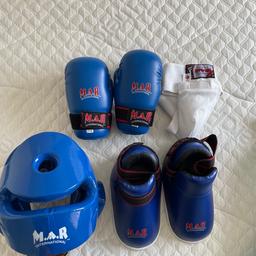 Great condition MAR Gloves, Headguard and Foot guards and Farabi groin guard used no more than 10 times by my son, (8-9 years old).