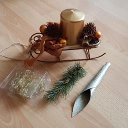 Deko für Weihnachten zu verschenken:
Kerzengesteck auf einem Holzschlitten
Utensilien für ein Adventskranz/-gesteck

Zu schade für den Müll
