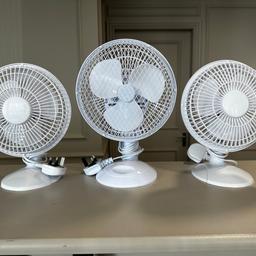 Two fine elements 6 inch plastic fans , two speed setting white
One challenge 7 inch plastic fan , two speed selling white
All used for three weeks 
Collection only