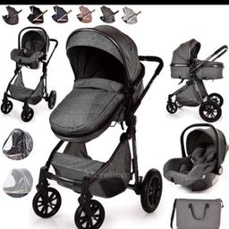 Comes with matching car seat,baby bag, rain cover, heat protection mat and safety bar.
Zipper on the foot muff is broken and can be fixed
Can be turned into a bassinet for new borns
Has not been used much but will need a wash down as it’s been sitting in the car
Collection only