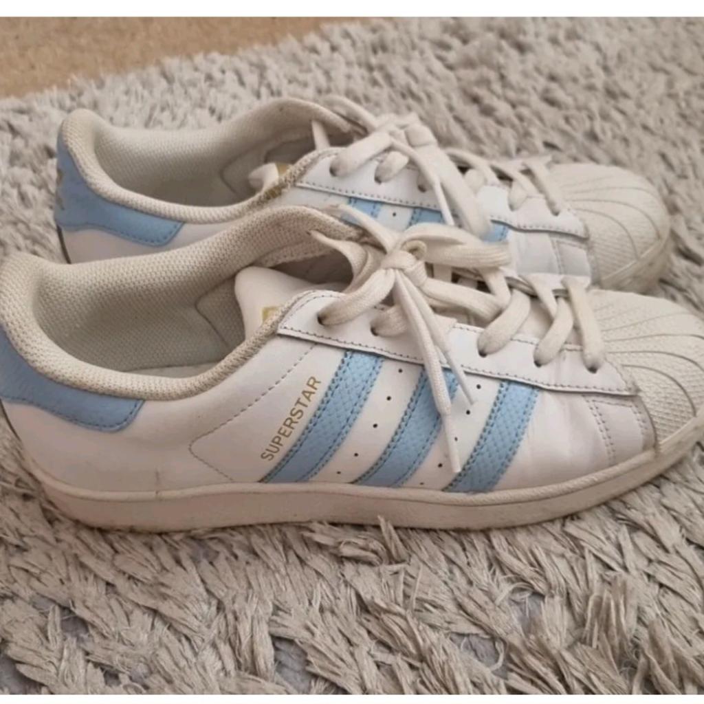 Ladies Adidas Superstar Trainers with baby blue panelling. Size 6
