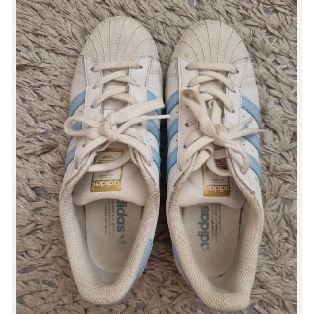 Ladies Adidas Superstar Trainers with baby blue panelling. Size 6