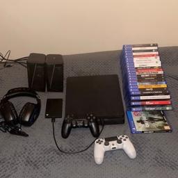 Ps4 slim console, 2 controllers, sea gate 2tb memory card, ps headphones, speakers and 22 games!!

Don’t want to sell this to be honest, so many of the games I would love to get onto but just no longer have time for it! It’s an awesome bundle, especially with the 2tb memory card you can store many of the games without having to re-download etc…Immaculate condition.