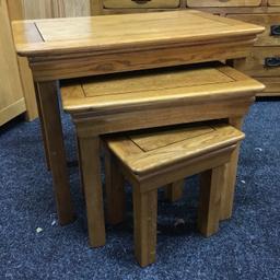 Solid oak rustic nest of 3 coffee tables in great condition. All really solid pieces of quality heavy furniture. The largest table measures 69cm long x 43cm wide x 57cm tall. Viewing/collection is Leeds LS24 - £165