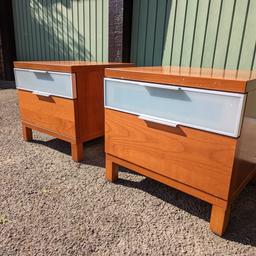 2x Two drawer bed side tables, solid wood with frosted glass top drawer, used in very good condition, collection B79 7 / price for pair.
