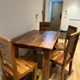 Sold wood beautiful dinning table with 4 chairs excellent condition bought for £800. Very well looked after, always polished and treated yearly. Relocating and unable to take away. Must go so serious offers pick up only contact for more pictures or viewing