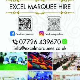 Contact us on 07726 439670 for all of your table and chair hire requirements, for weddings, parties and all other occasions. 

We have also have marquees for hire for all occasions @excel.marqueehire whether its your Wedding, Birthday Party or Baby Shower.

Get in touch with us for a free quote on 07726 439670, and enquire to reserve your dates in advance through this busy summer period.