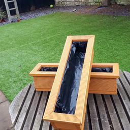 WOODEN PLANTERS made from hard decking wood .  Lined and measures L 30ins  x W 8ins x H 8 ins £16 each.