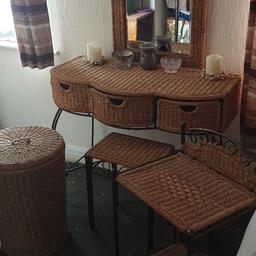 I AM SELLING A DRESSING TABLE WITH MIRROR AND STOOL AND SIDE TABLE PLUS WICKER WASHING .BASKET ,.. THE WASHING BASKET ON ITS OWN COST £39.99 ..ALL ITEM ARE MATCHING MADE OF WICKER ... DRESSING TABLE IS MADE WITH A METAL SKELLINTON FRAME WITH WICKER THREE DREWS AT THE FRONT REALLY NICE WOULD FIT INSIDE A CAR FOR EASY TRANSPORT GRAB AN ABSOLUTE BARGAIN...
MESSERMENTS ARE AS FOLLOWS
...................
LENTH 36 INCH
HIGHT 28 8NCH / BUT WITH MIRROR 60 INSH
THE WIT 17 INCH
............
PLEASE LOOK AT