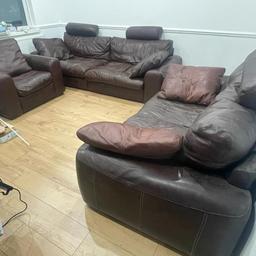3pc genuine strong leather.
3 seater, 2 seater and arm chair plus footstool

Larger than standard size
250cm x 96cm
180cm x 96cm
98cm x 96cm

Some wear and tear to 3 seater, but others are in fairly decent condition.
£750 for set