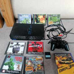 PlayStation 2 console
With
1 controller
1 memory card 8mb
Power lead
Connection lead to tv
Games
Driver
Driver 2
Driver 3
Micro machines
Army men 3d
Army men land sea and air
Army men omega soldier
Army men team assault

From pet free smoke free home

Retro gaming at its best.
Collection only please