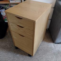 Lovely wooden filing cabinet with 2 small drawers & large drawer. Very good condition, on wheels. 35.5cm x 44cm. 64.5cm high.