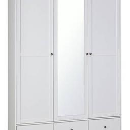 Habitat Heathland 3 Door 3 Drawer Mirror Wardrobe - White

🔶New/other. Flat packed in the box🔶Item is in very good overall condition item that may have small cosmetic defects as marks, scratches classified as reopen and repacked in box. 

Made of wood effect.
Metal handles.
3 doors.
1 mirror.
Mirror covers full door.
3 drawers with metal runners.
1 fixed hanging rail.
Hanging rail holds up to 35kg.
2 fixed shelves.
2 adjustable shelves
Size H202, W152, D53cm.
Internal hanging space H128, W94, D47cm.
Internal drawer H23, W13.8, D49cm.
Large internal drawer H23, W13.8, D49cm.
Handle size: L2.8, .
Weight 110kg

🔶Check our other items🔶