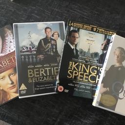 4 dvd’s
Helen Mirren-The Queen 
The King’s speech 
Bertie and Elizabeth 
Elizabeth